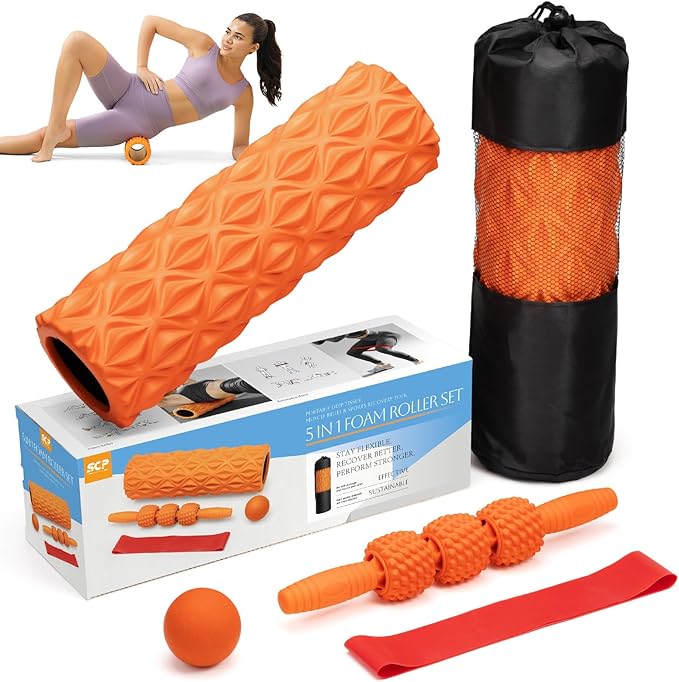 5 in1 Foam Roller Set, Trigger Point Foam Roller, Massage Roller Stick, Massage Ball, Resistance Band for Deep Muscle Massage Pilates Yoga,Fitness Exercise for Whole Body (Pure Orange)-CasaMuseHome