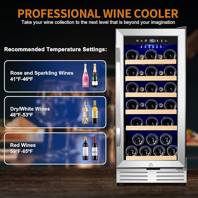 15 Inch Wine Fridge 32 Bottles Wine Cooler Refrigerator Undercounter Wine Fridge with Glass Door, LED Light, Removable Wooden Shelves, Built-in or Freestanding Wine Refrigerator for Home Office Bar-CasaMuseHome