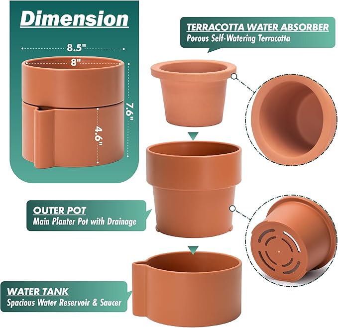 8 Inch Self-Watering Planter Pot with Terracotta Insert, Deep Water Reservoir, and Ceramic-Alike BPA-Free Plastic Planter Pot for Plant, Modern Planter for Houseplants, Terracotta, 53-A-T-3-CasaMuseHome