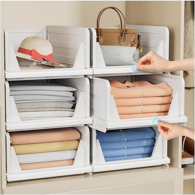 6 Pack Stackable Closet Storage Basket - Stackable Storage Bins, Multifunctional & Foldable Closet Organizer, Wardrobe Storage Space-Saving Clothes Storage Drawer Organizer, White-CasaMuseHome