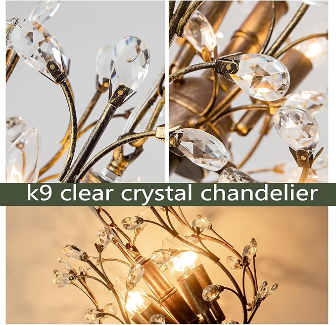 5-Light Vintage Crystal Branch Chandelier Farmhouse Hanging Pendant Light Fixtures for Living Room Dining Room Foyer Kitchen Island Hallway, Aged Bronze-CasaMuseHome