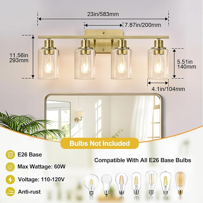 4 Light Bathroom Light Fixtures, Brass Vanity Lights for Bathroom with Clear Glass Shades, Modern Bathroom Wall Sconces for Mirror Living Room Cabinet-CasaMuseHome