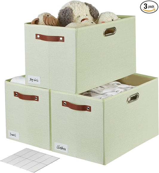 3-Pack Foldable Fabric Storage Bins with Durable PU & Metal Handles, Collapsible Storage Baskets for Shelves, Home Storage, Closet Organizers, Living Room(17"x11.8"x11.8", Sage Green)-CasaMuseHome