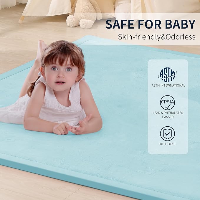 ACOMOPACK Baby Play Mat for Floor 1.3" Thick Memory Foam Play Mat 79"×118" Tummy Time Crawling with Non-Slip Bottom for Living Room,Nursery,Soft Velvet Playpen Mats for Kids,Infants（Light Blue）-CasaMuseHome