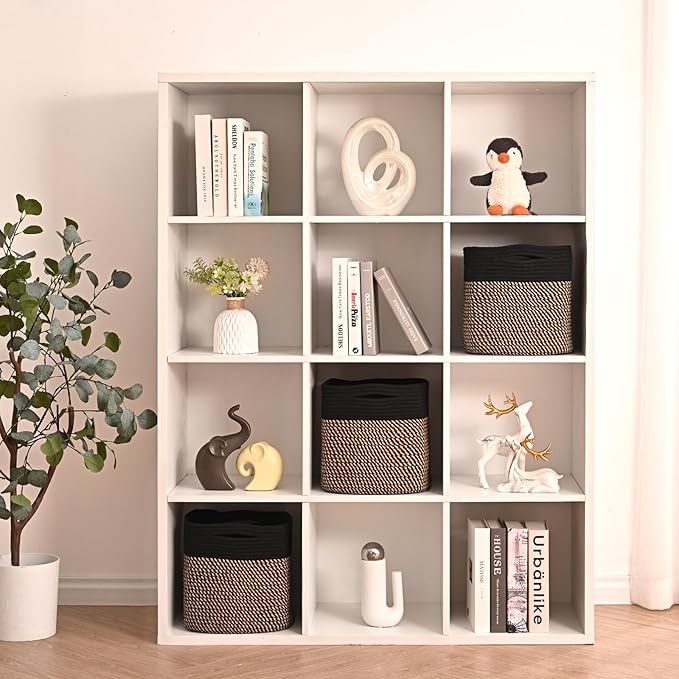 11 Inch Cube Storage Bins, Storage Cube Organizer Bins, Woven Cotton Rope Baskets for Storage, Storage Basket for Organizing Shelves, Square Baskets for Toys Nursery, Black & Jute (Pack of 3)-CasaMuseHome