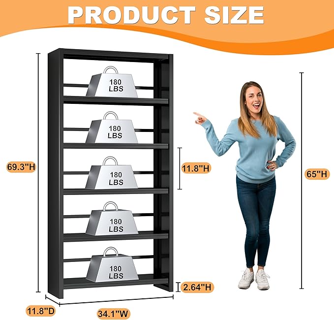 5 Tier Book Shelf, Metal Bookshelf, 69.3” Tall Black Bookcase, Free-Standing Industrial Bookshelves, Tools-Free Assembly Book Storage Organizer for Bedroom, Living Room, Office (Black)-CasaMuseHome