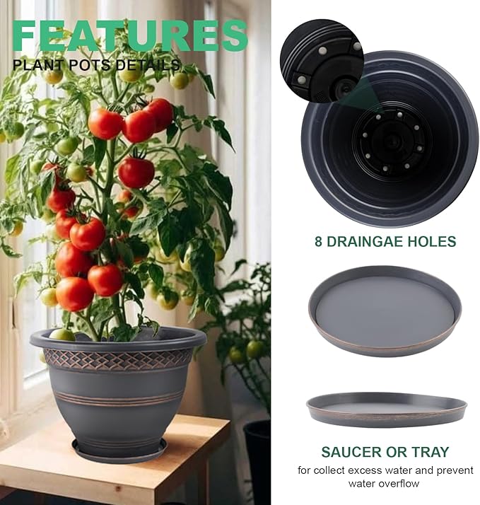 4 Pack 12 Inch Large Plant Pots, Plastic Flower Pot for Indoor & Outdoor with Drainage Holes & Saucer, Plaid Pattern Planters Garden Pots for Herbs Bronze-CasaMuseHome