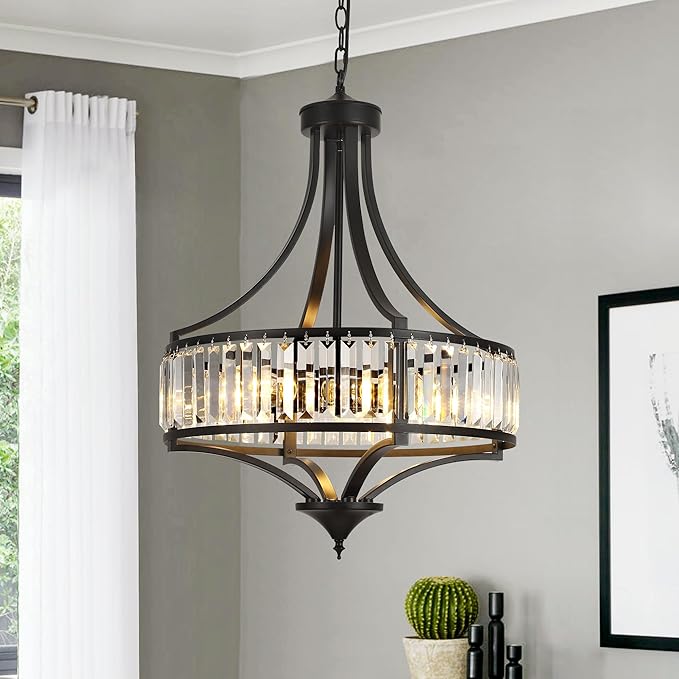 20" Modern Farmhouse Crystal Chandeliers for Dining Room, 5-Light Black Antique Pendant Chandelier, Contemporary Hanging Light Fixture for Living Room Bedroom Foyer Kitchen Island Entryway-CasaMuseHome
