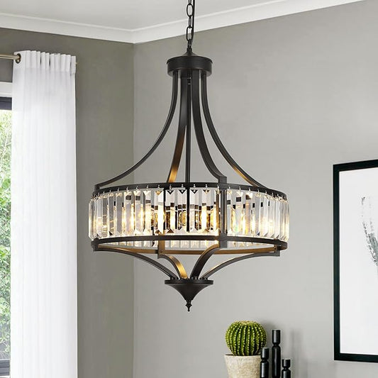 20" Modern Farmhouse Crystal Chandeliers for Dining Room, 5-Light Black Antique Pendant Chandelier, Contemporary Hanging Light Fixture for Living Room Bedroom Foyer Kitchen Island Entryway-CasaMuseHome