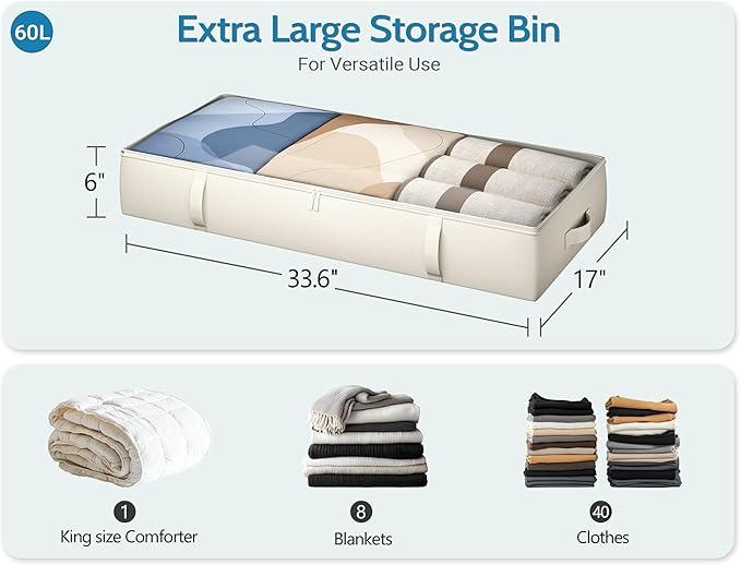 2-Pack Under Bed Storage, 6 Inches Tall Closet Organizers and Storage Bins with Sturdy Sidewalls/Bottom/4 Handles, Beige-CasaMuseHome