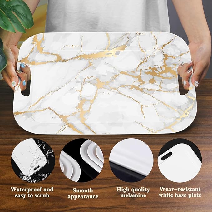 Serving Trays with Handles, 14.5 x 9.8 inch Rectangular Plastic Tray for Restaurant, Kitchen, Golden White Marble-CasaMuseHome