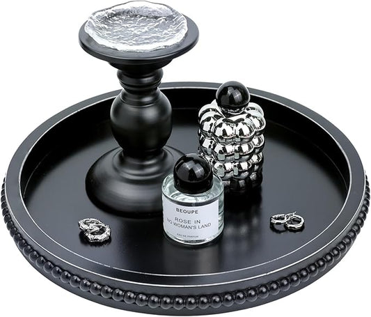 Round Black Wood Serving Tray with Beads, Wooden Decorative Tray for Entertaining, Decoration, and Gifting,-CasaMuseHome