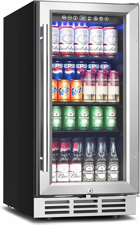 15 Inch Beverage Refrigerator Under Counter - 126 Cans Beverage Fridge with Glass Door for Beer Wine Soda - Built-in or Freestanding Wine Cooler with Safety Lock for Home Kitchen Bar-CasaMuseHome