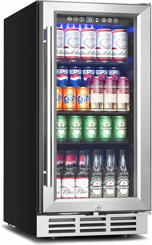 15 Inch Beverage Refrigerator Under Counter - 126 Cans Beverage Fridge with Glass Door for Beer Wine Soda - Built-in or Freestanding Wine Cooler with Safety Lock for Home Kitchen Bar-CasaMuseHome