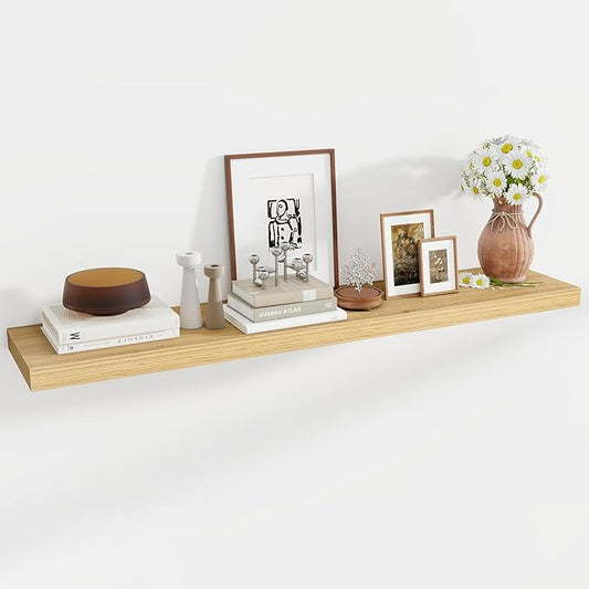 55 Inch Floating Shelves, 12 Inch Deep Floating Shelves for Wall, Floating Shelf with Invisible Brackets, Deep Shelves for Bathroom, Bedroom, Living Room, 1 Pack, Natural-CasaMuseHome