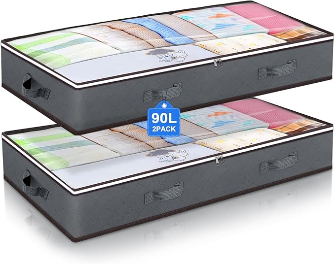 90L Under Bed Storage Containers, Underbed Toy Organizers and Clothing Storage Bags, Closet Storage Bins with Clear Window for Organizing Blanket Comforter Bedding Clothes Bedroom Dorm, 2 Pack-CasaMuseHome