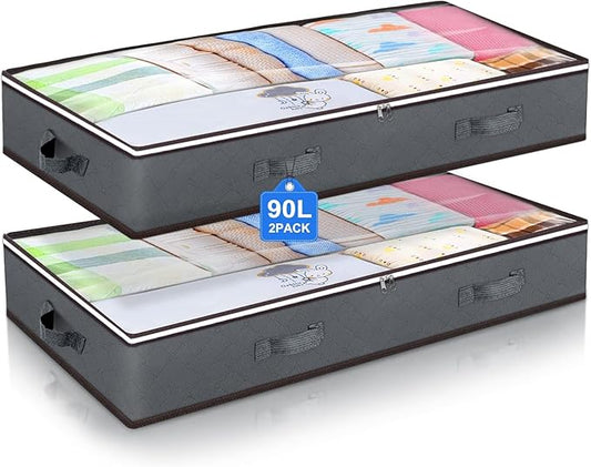 90L Under Bed Storage Containers, Underbed Toy Organizers and Clothing Storage Bags, Closet Storage Bins with Clear Window for Organizing Blanket Comforter Bedding Clothes Bedroom Dorm, 2 Pack-CasaMuseHome