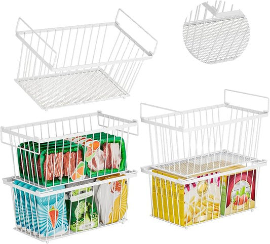 5 Pack Stackable Deep Freezer Organizer Bins ，Upgraded Bottom Leak-Proof net，Encryption and Hardening ， Freezer Organizer Bins for 5 to 7 Cu.FT Small Chest Freezer， Easy Get Bottom Foods-CasaMuseHome