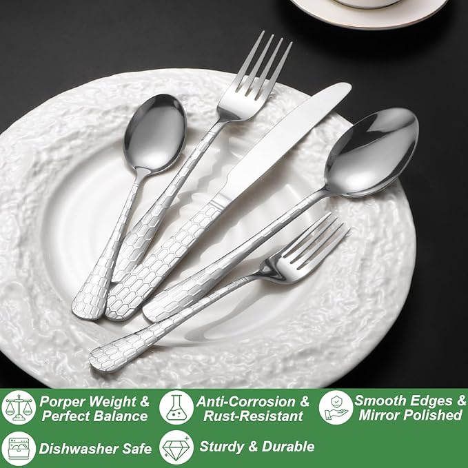 20 Pcs Silverware Set for 4 with Water Cube Handle design, Food Grade Stainless Steel Flatware Set, Eating Utensils Sets Include Fork/Knife/Spoon, Reusable Cutlery Set, Dishwasher Safe-CasaMuseHome
