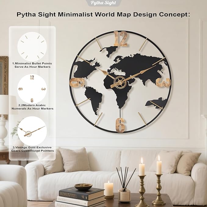 24 Inch Large Wall Clock,Modern Decorative Big World Map with Vintage Gold Arabic Numeral Extra Giant Metal Oversized Wall Clocks for Living Room,Office,Kitchen,Dining Room,Bedroom-CasaMuseHome