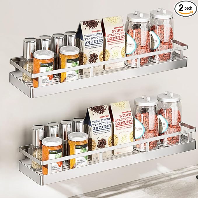 2PCS Kitchen Spice Rack, SUS304 Stainless steel Wall Mount Storage Rack, Seasoning Container, 19.7Inch Spice Organizer, Kitchen Seasoning Hanging Rack, Bathroom Shelf for Storing Toiletries-CasaMuseHome