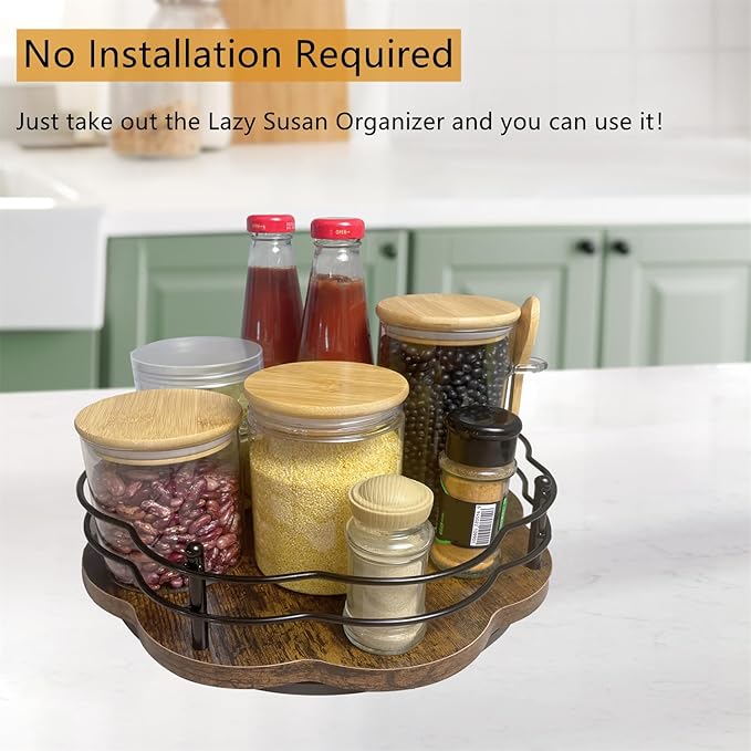 13" Lazy Susan Turntable Organizer with Higher Metal Sides, 360° Rotating Wooden Lazy Susan Organization and Storage for Cabinet,Kitchen,Countertop,Table Top,Dining Table,Coffee Bar Decor-CasaMuseHome