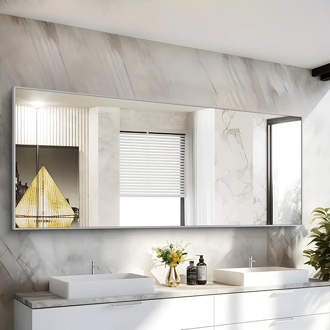36x72inch Bathroom Mirror, Silver Rectangle Mirror with Thin Metal Frame, Large Rectangular Wall Mirrors for Bathroom, Living Roomm, Hair Salon, Big Farmehouse Mirror Hang Horizontal/Vertical-CasaMuseHome