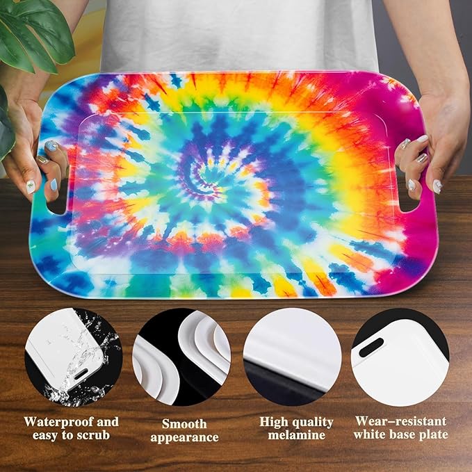 Serving Trays with Handles, 14.5 x 9.8 inch Rectangular Plastic Tray for Restaurant, Kitchen, Tie-Dye Colorful Spiral Patterns-CasaMuseHome