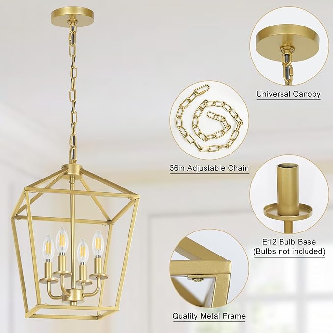 4 Light Gold Chandelier, Industrial Ceiling Light Lantern Light Fixtures with Farmhouse Metal Cage Adjustable Height Rustic Geometric Hanging Light E12 Base for Kitchen Island, Entryway, Indoor-CasaMuseHome