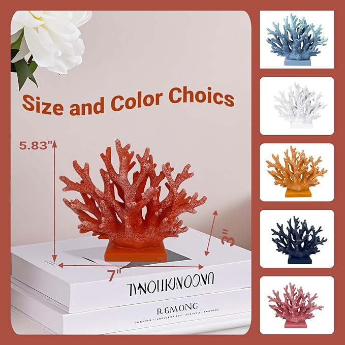 5.8" H Red Orange Coral Decor - Resin Coral Statue, Nautical Decor for Home, Bedroom, Bathroom, Living Room, Ocean Themed Cabinet Shelf Tabletop Decoration-CasaMuseHome