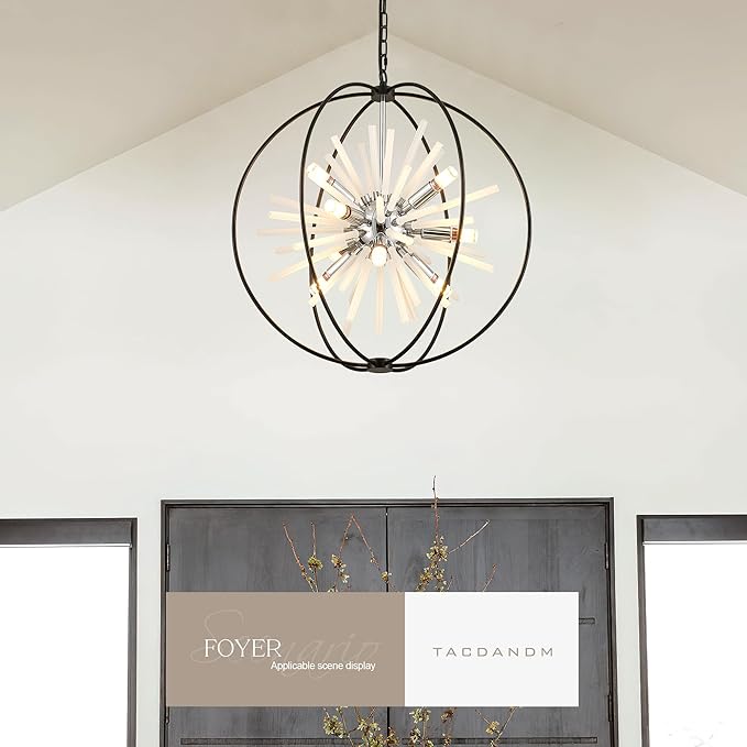 23.6" Black Chrome 12-Light Globe Sputnik Chandelier Modern Adjustable Hanging Ceiling Glass Tube Pendant Light Fixture for Entryway Foyer Staircase Dining Living Room Hallway-CasaMuseHome