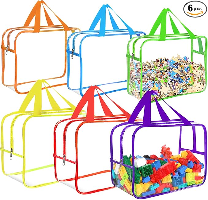 6 Colors Large Toy Storage Bags with Labels, Reusable Clear PVC Board Game Storage, Travel Waterproof Organizer Bags with Zipper for Building Blocks, Puzzle, Kids Books(3 large & 3 Widen X-Large)-CasaMuseHome
