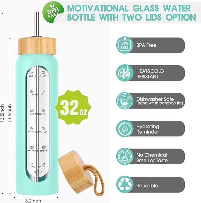 32 oz Glass Water Bottle with Straw - Motivational Time Marker & Silicone Sleeve - Reusable Tumbler Includes 2 Bamboo Lids & Fruit Infuser - 1 Pack-CasaMuseHome