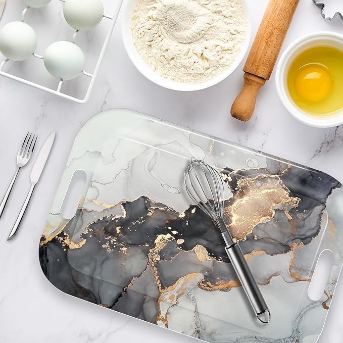 Serving Trays with Handles, 14.5 x 9.8 inch Rectangular Plastic Tray for Restaurant, Kitchen, Gray and Golden Marble-CasaMuseHome