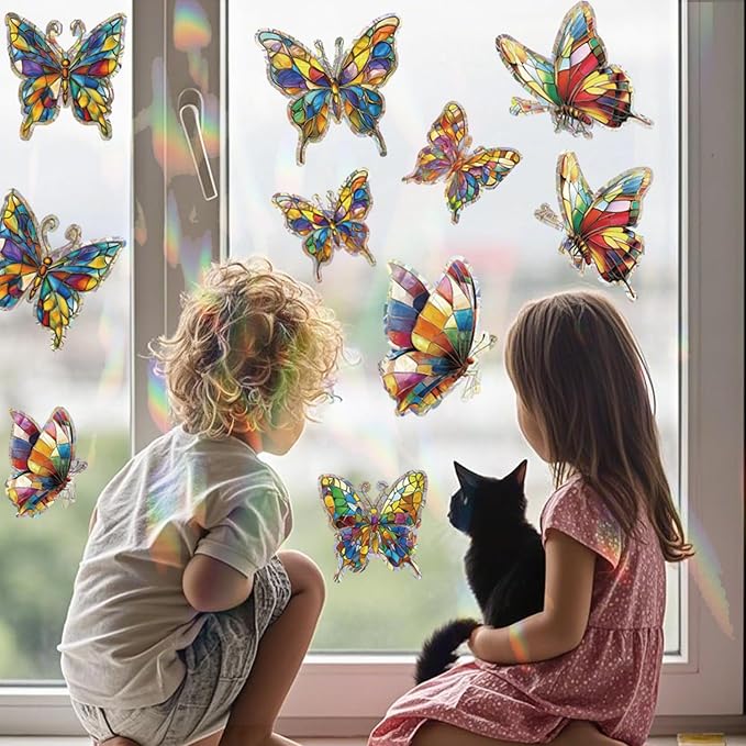 20pcs Window Decals for Bird Strikes, Anti Collision Window Clings, Rainbow Reflection Window Sticker, Butterfly Style Sun Catcher Stickers for Glass Windows-CasaMuseHome