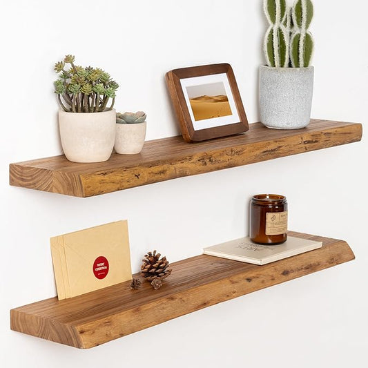 30" Floating Shelves, Live Edge Solid Elm Wood Floating Shelf, Wall Mounted Display Shelves with Heavy-Duty Bracket for Books, Rustic Wooden Shelf for Kitchen, Bathroom, Natural Color, Set of 2-CasaMuseHome