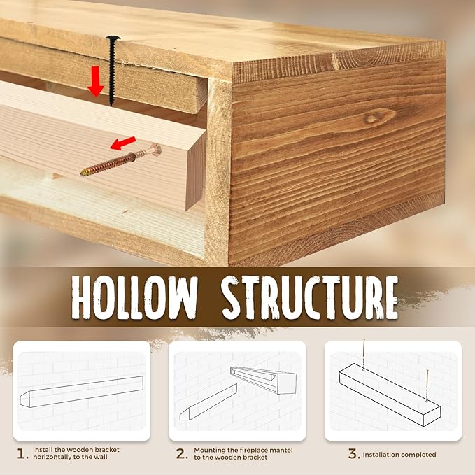 72x8x5 Fireplace Mantel - Handcrafted Rustic Solid Wood Wall Mounted Floating Shelf with Invisible Heavy Duty Wood Bracket (Natural)-CasaMuseHome
