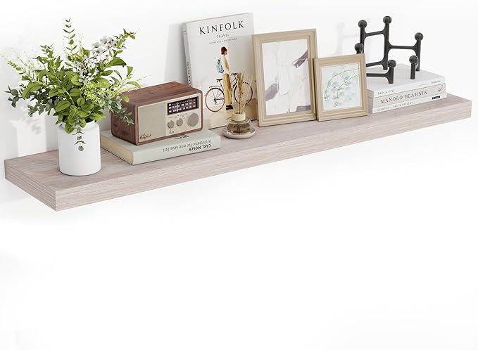 48 Inch Floating Shelves, 3D Textured Wood Grain, 48"x9.25"x1.5" Inch Deep Floating Shelves for Wall, Wooden Shelves for Bathroom, Bedroom, Living Room, Washed White-CasaMuseHome