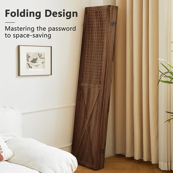 6 Panel Pegboard Room Divider, 5.6Ft Pegboard Display Folding Privacy Screens, Wood Room Divider Peg Board Display Freestanding for Trade Show Craft Show Home Wall Organizer, Brown-CasaMuseHome