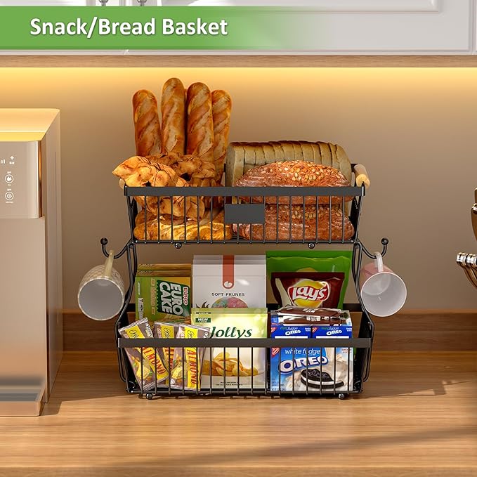 2 Tier Fruit Basket for Kitchen Counter with 2 Banana Hangers, Countertop Metal Fruit Bowl with Wooden Handle, Large Storage Stand for Vegetables, Snacks, Breads, Produce Storage – Black-CasaMuseHome