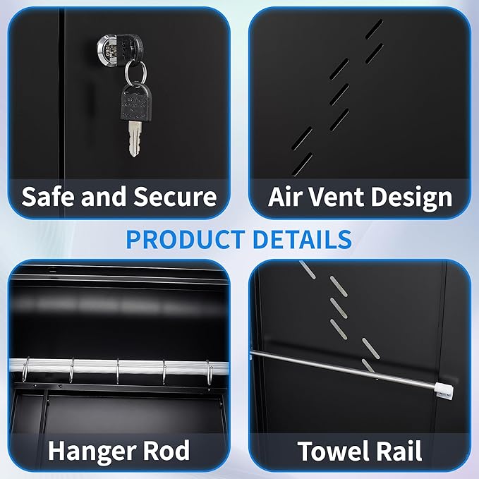 71'' Metal Storage Cabinet with Doors, Multifunctional Bathroom/Garage Lockable Steel Cabinet, Broom Closet Storage with Hanging Rod (Style-1)-CasaMuseHome