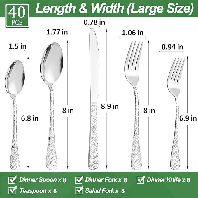 40 Pcs Silverware Set for 8 with Hammered Design, Food Grade Stainless Steel Flatware Set, Eating Utensils Sets Include Fork/Knife/Spoon, Reusable Cutlery Set, Dishwasher Safe-CasaMuseHome