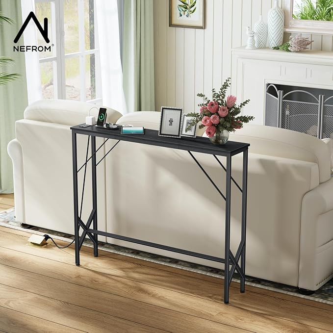 39.4" Console Table, Skinny Entryway Table with Fast-Charging Station, Narrow Long Sofa Table, Behind Slim Couch Table for Entrance, Hallway, Living Room Decor ST-BK100-1-CasaMuseHome
