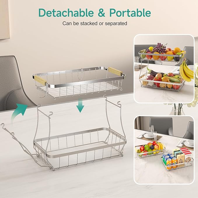 3 Tier Fruit Basket for Kitchen Counter with 2 Mobile Banana Hangers, 2025 Pro Detachable Metal Fruit Bowl with Wooden Handle, Fruit Holder for Bread Snack Veggies, Silvery-CasaMuseHome