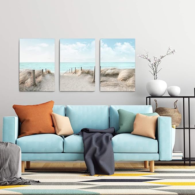 3 Piece Large Canvas Bedroom Wall Art Beach Blue Sea Blue Sky Print Picture Framed Wall Decor for Living Room Bathroom Modern Home Decor Artwork Ready to Hang Coastal Wall Decorations Size 16x24x3-CasaMuseHome