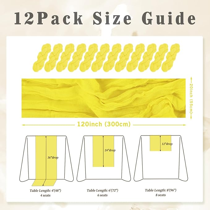 12 Pack Yellow Cheesecloth Table Runner 20 x 120 Inch Long Rustic Gauze Cheese Cloth Table Runner for Wedding 10FT Bridal Baby Shower Table Decorations Boho Fabric Sheer Birthday Party Table Decor-CasaMuseHome