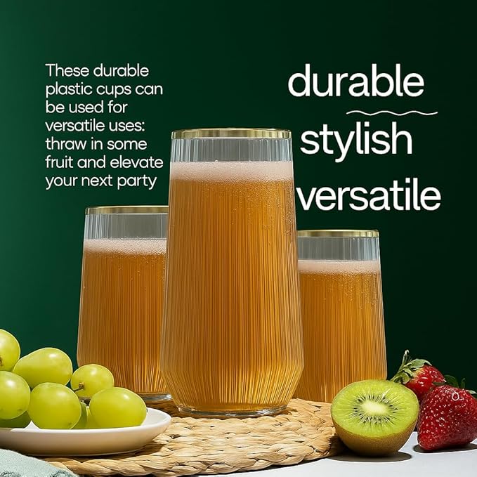 48 Pack Ribbed Ripple Stemless Toasting Glasses, Origami Durable 9 Oz BPA-Free Disposable Plastic Champagne Flutes for Weddings, Bars, Events, and Celebrations (Gold Rim)-CasaMuseHome