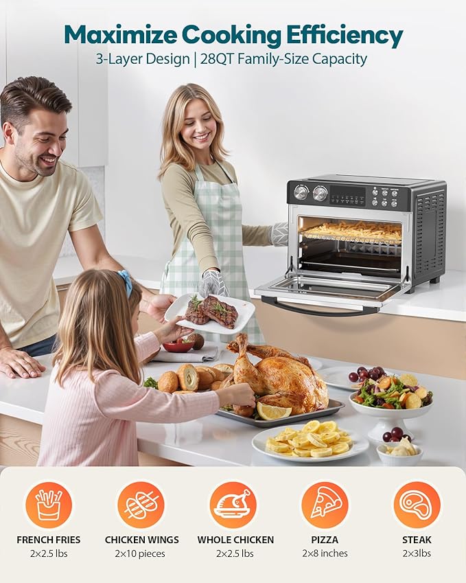 28QT Air Fryer Toaster Oven Combo, Large 12-in-1 Convection Countertop Oven with Next-Gen HeatWave Convection, 3-Layer Cooking, Rotisserie for Chicken, Fits 11" Pizza, Full Accessories, Sparkle Black-CasaMuseHome