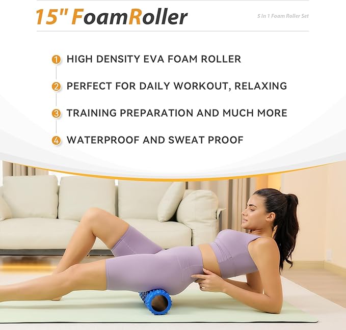 5 in1 Foam Roller Set, Trigger Point Foam Roller, Massage Roller Stick, Massage Ball, Resistance Band for Deep Muscle Massage Pilates Yoga,Fitness Exercise for Whole Body (Pure Blue)-CasaMuseHome