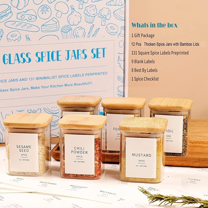 12 Pcs Square Glass Spice Jars with Natural Bamboo Lids - 9oz Airtight Herb Containers with 148 Waterproof Minimalist Spice Labels Preprinted - Empty Small Seasoning Jars for Kitchen Pantry-CasaMuseHome